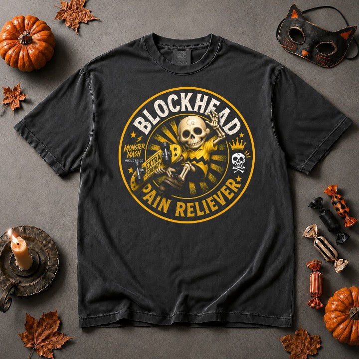 Blockhead Pain Reliever Comfort Colors T-shirt — Comfort Colors Halloween Flat Lay(7)