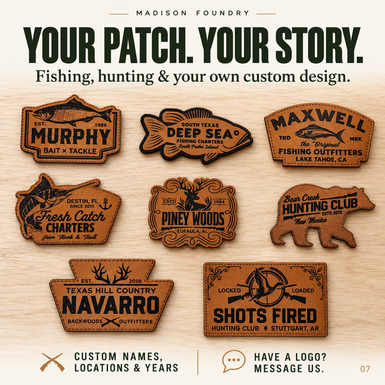 Original eight hunting and fishing leather patch designs, customizable with your wording