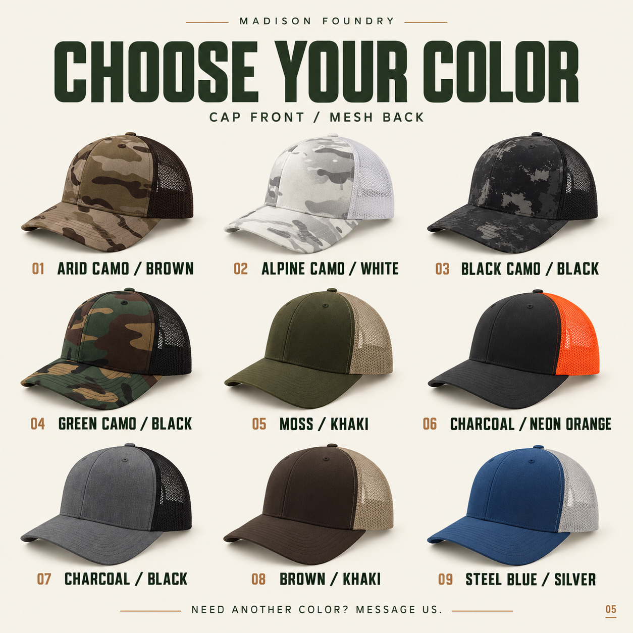 Madison Foundry cap color lineup