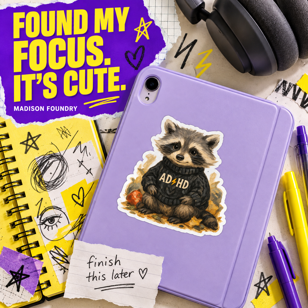 ADHD Raccoon sticker on lavender tablet
