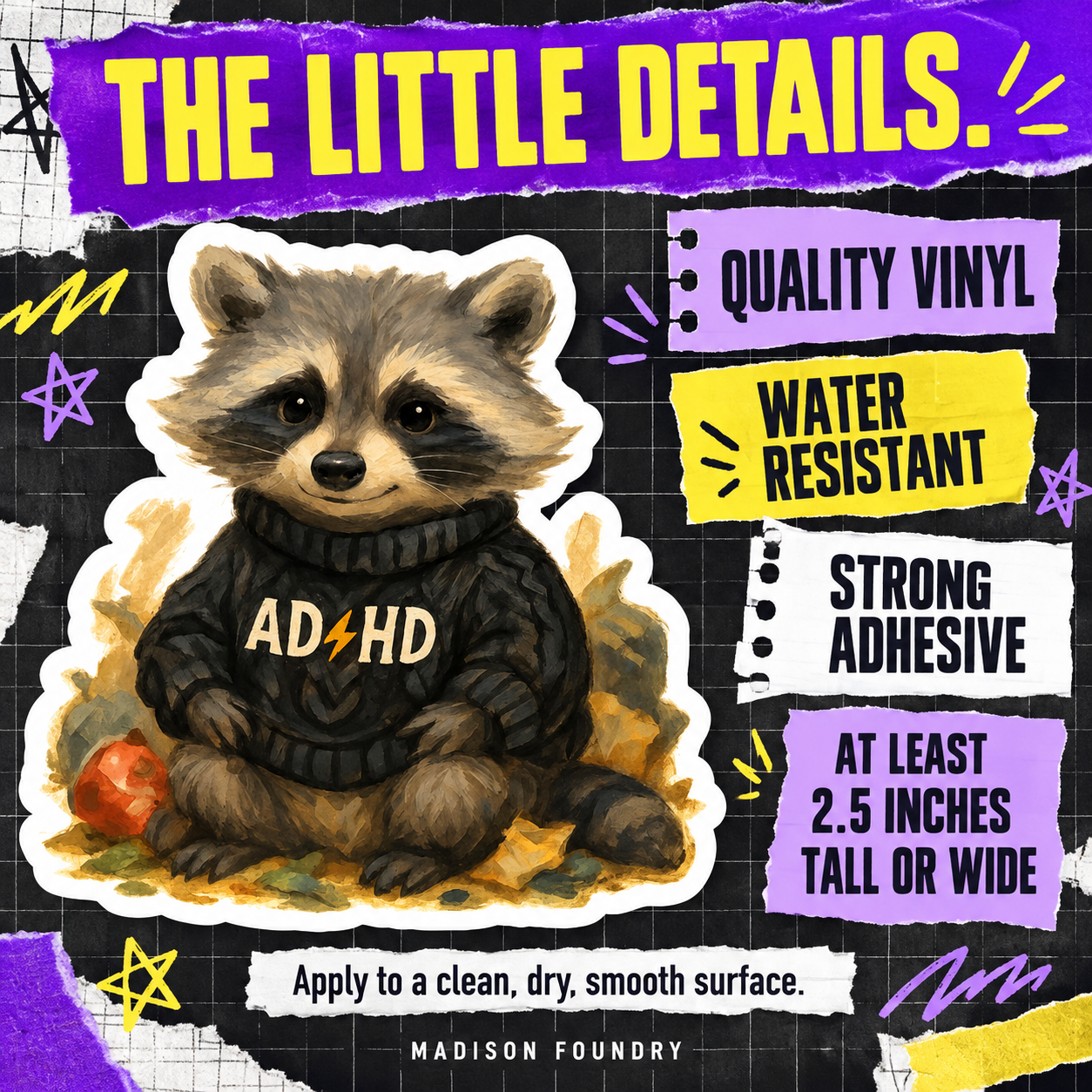 ADHD Raccoon vinyl sticker specifications