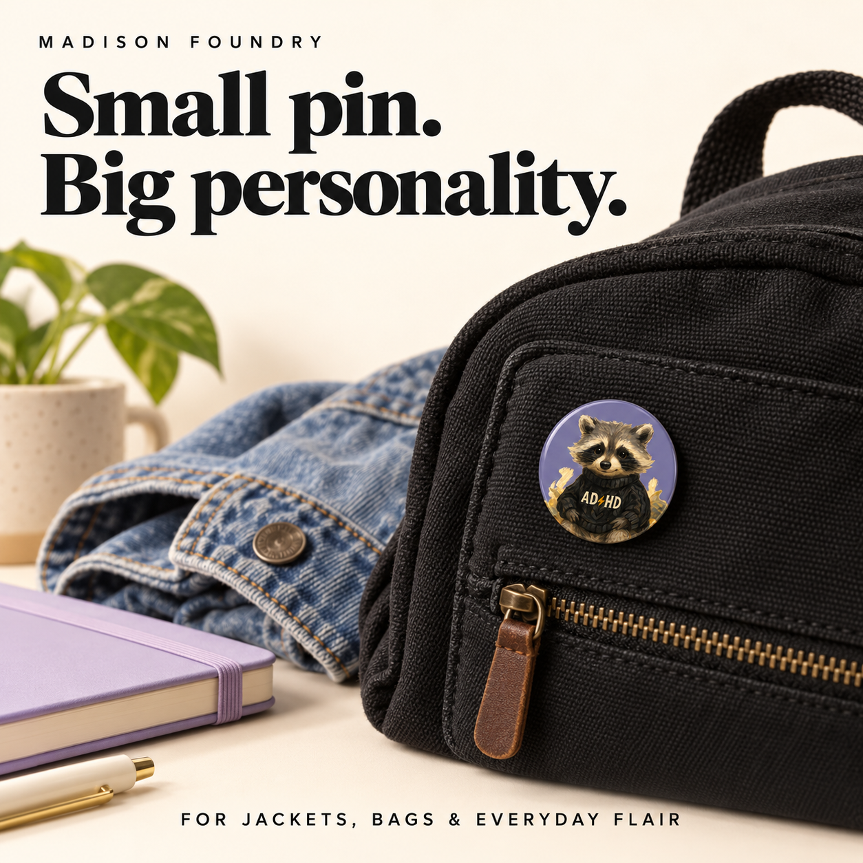 Raccoon button on a backpack