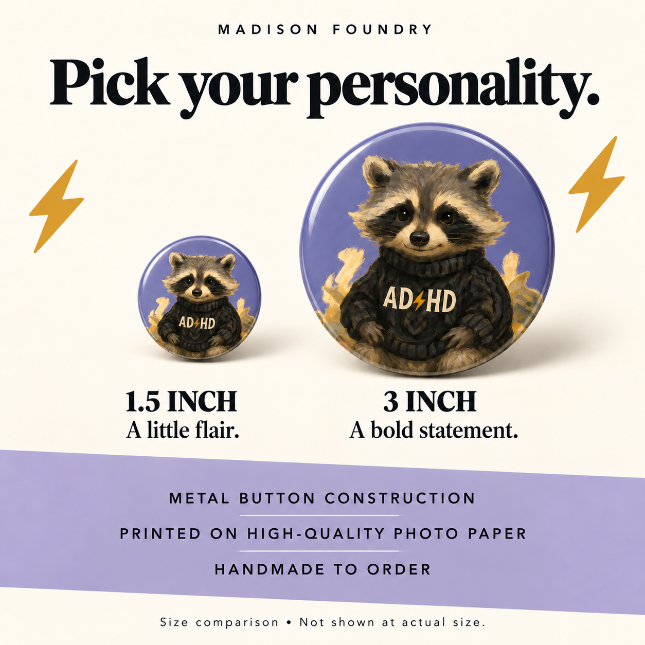 1.5 inch and 3 inch button size comparison