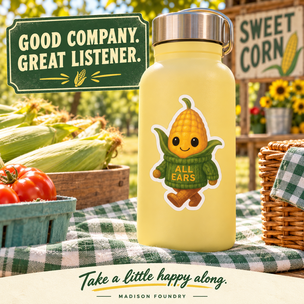 All Ears corn sticker on yellow picnic bottle