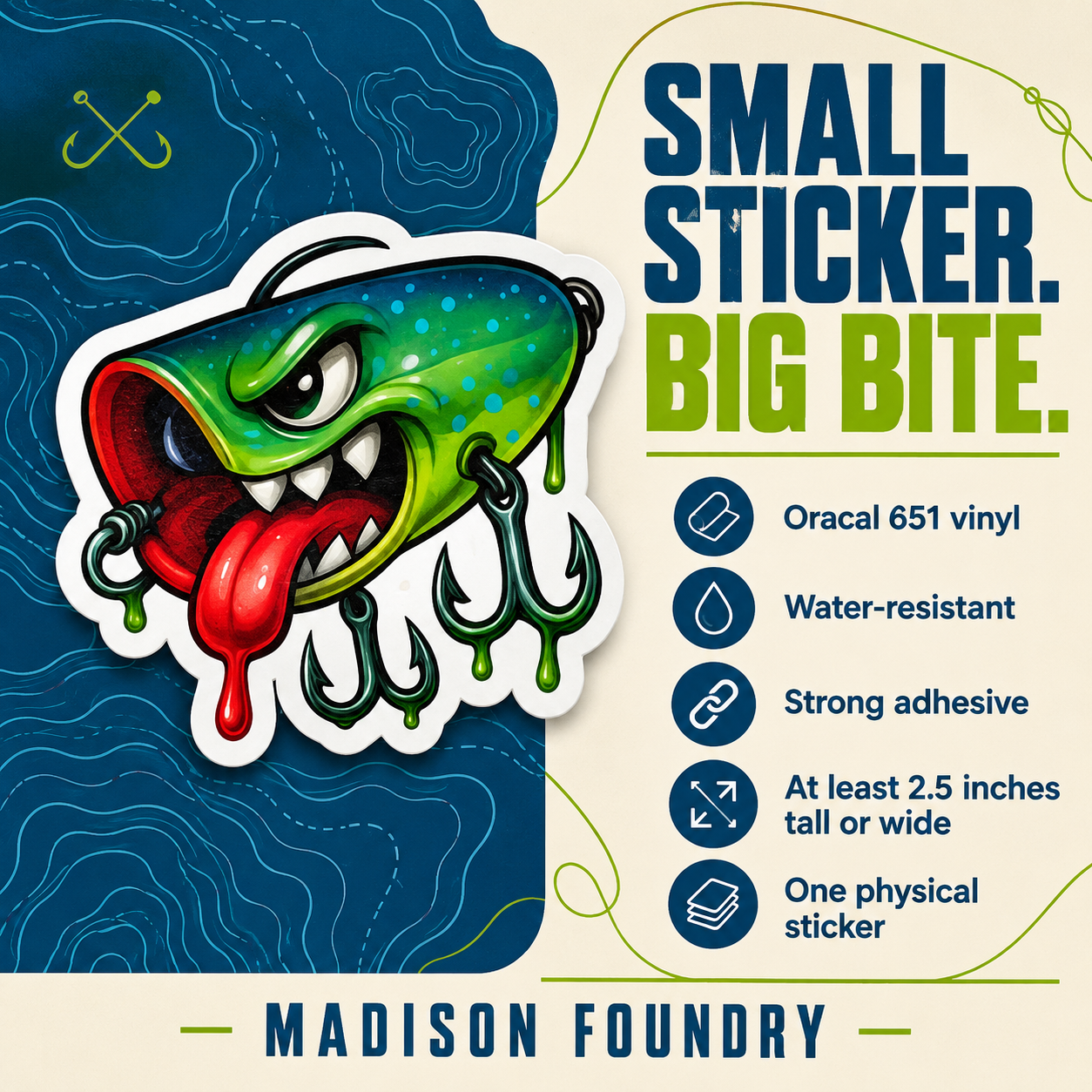 Angry fishing lure sticker details: Oracal 651 vinyl, water-resistant, strong adhesive, at least 2.5 inches tall or wide, one physical sticker.