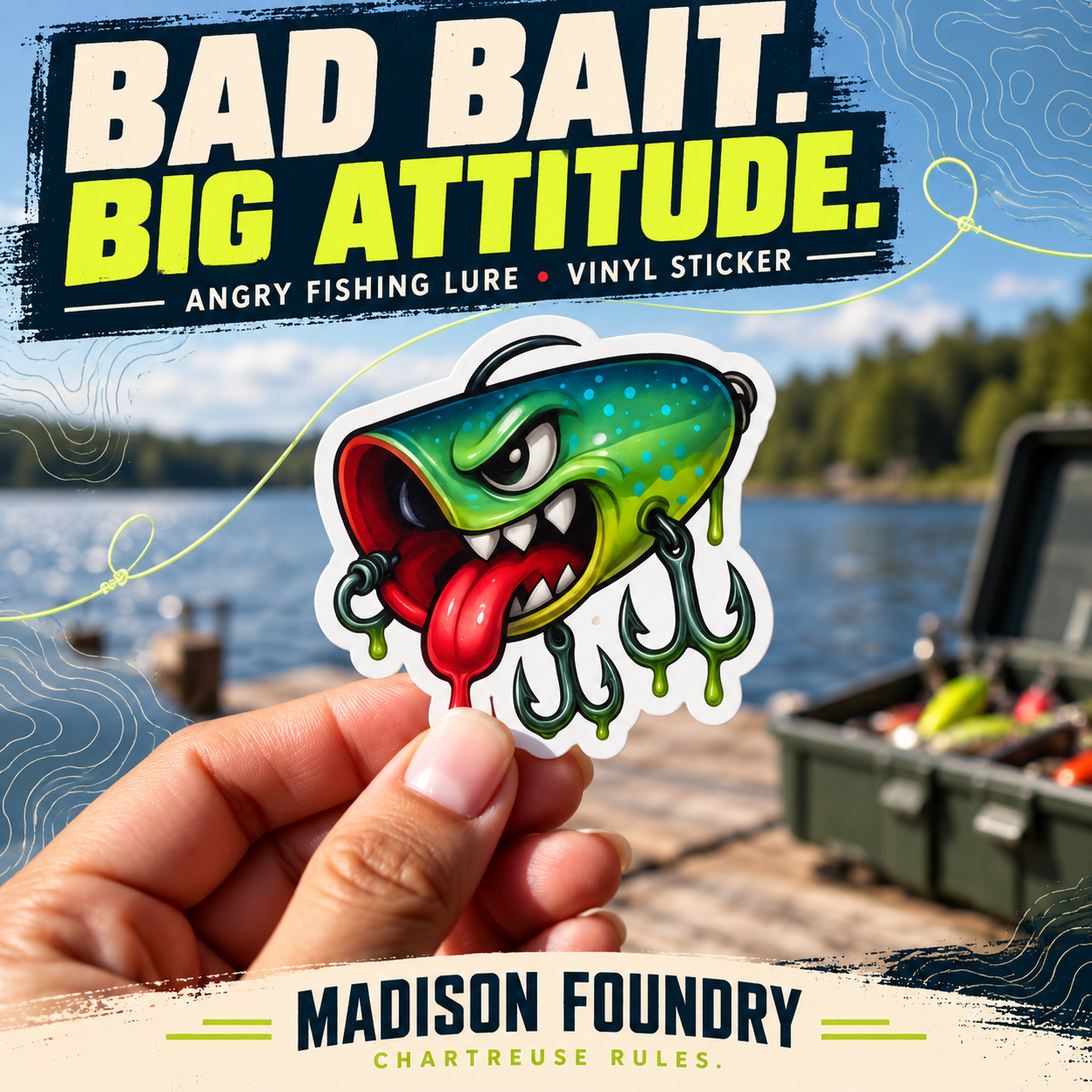 Angry green and blue fishing lure vinyl sticker held by a lakeside dock with chartreuse and navy Bad Bait Big Attitude graphics.