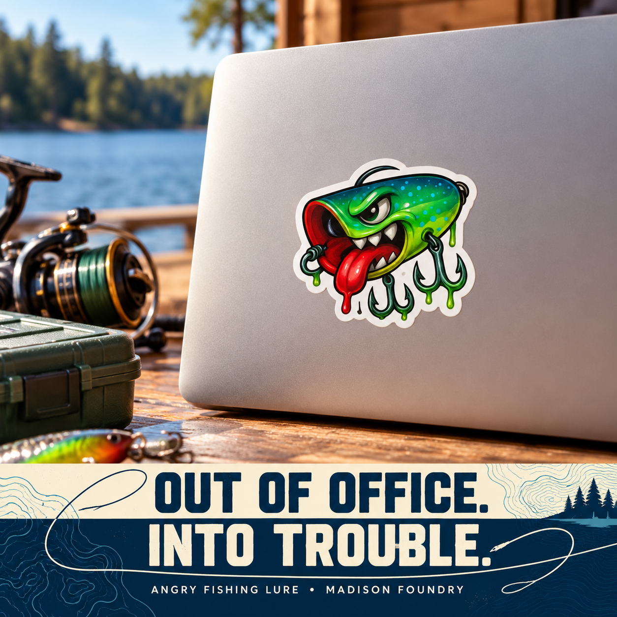 Angry fishing lure vinyl sticker on a silver laptop at a lakeside cabin desk with a fishing reel and tackle box.