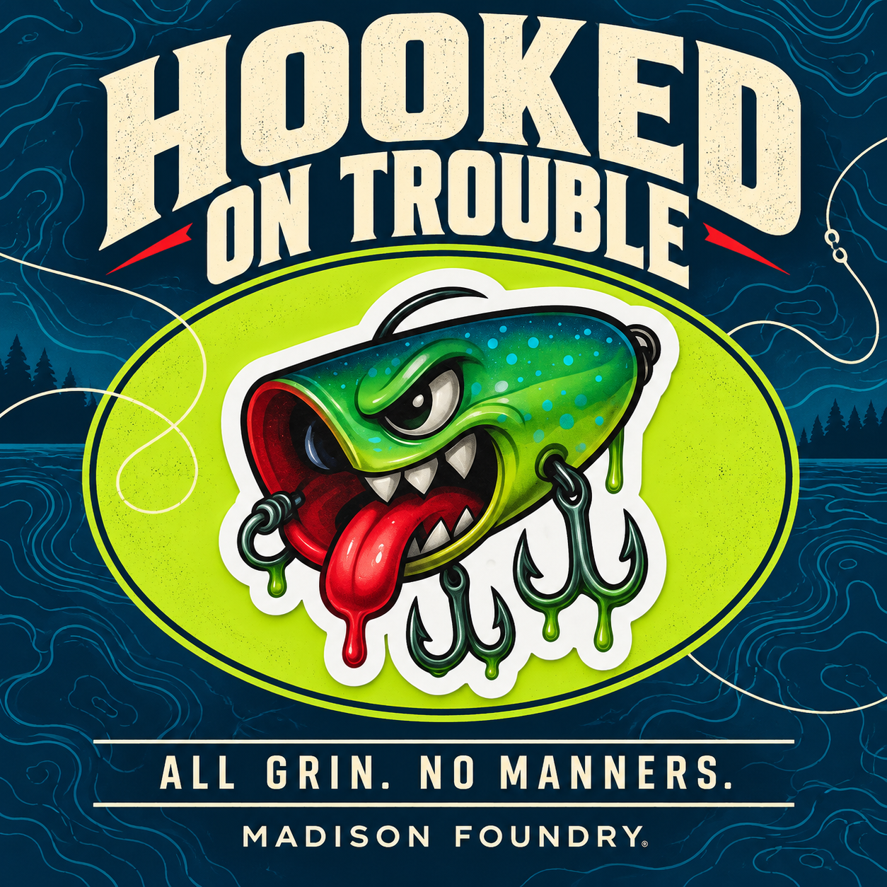 Angry fishing lure sticker with green body, red tongue and treble hooks in a Hooked on Trouble navy and chartreuse spotlight.