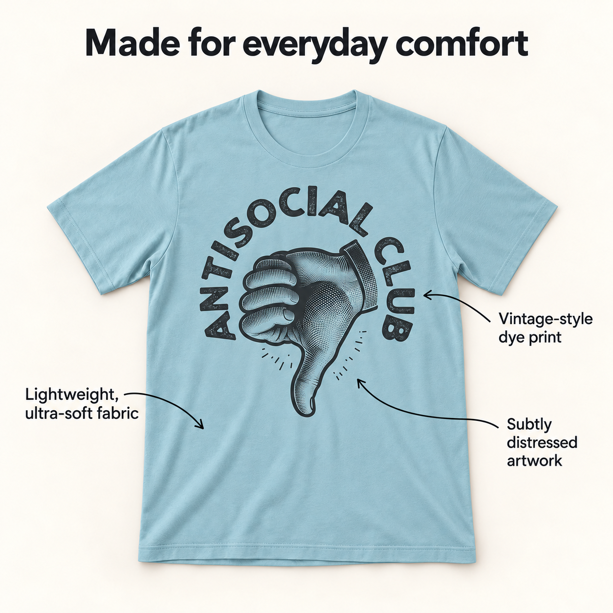 Antisocial Club tri-blend shirt fabric and print details