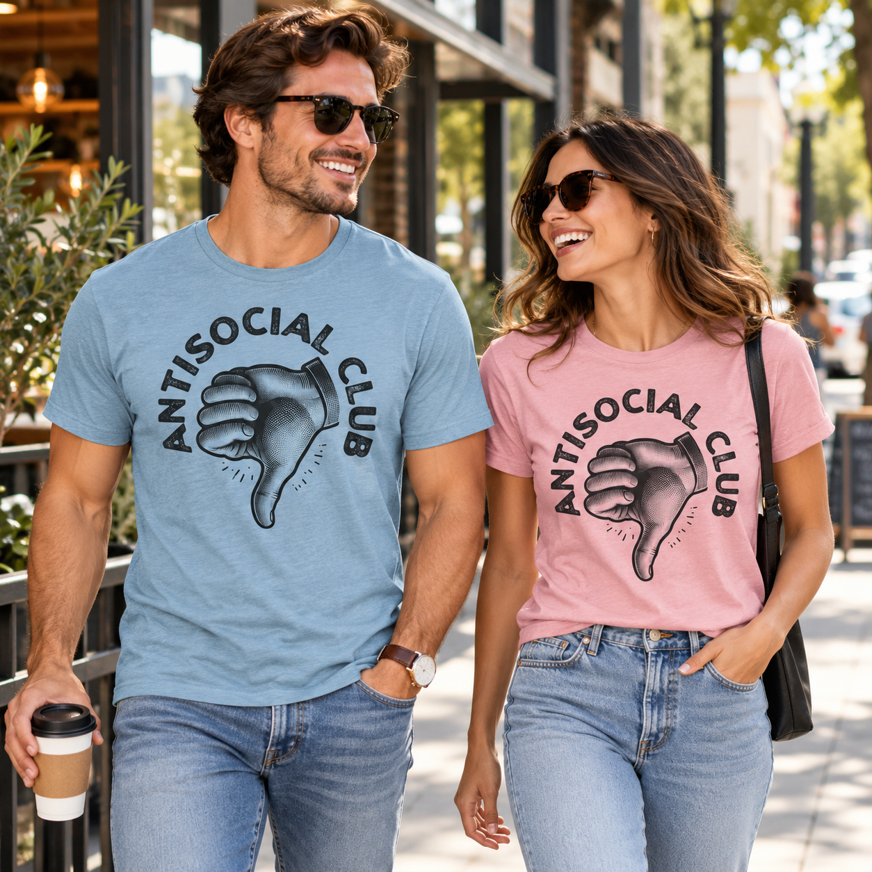 Man and woman wearing Antisocial Club tri-blend tees in a sunny city lifestyle scene