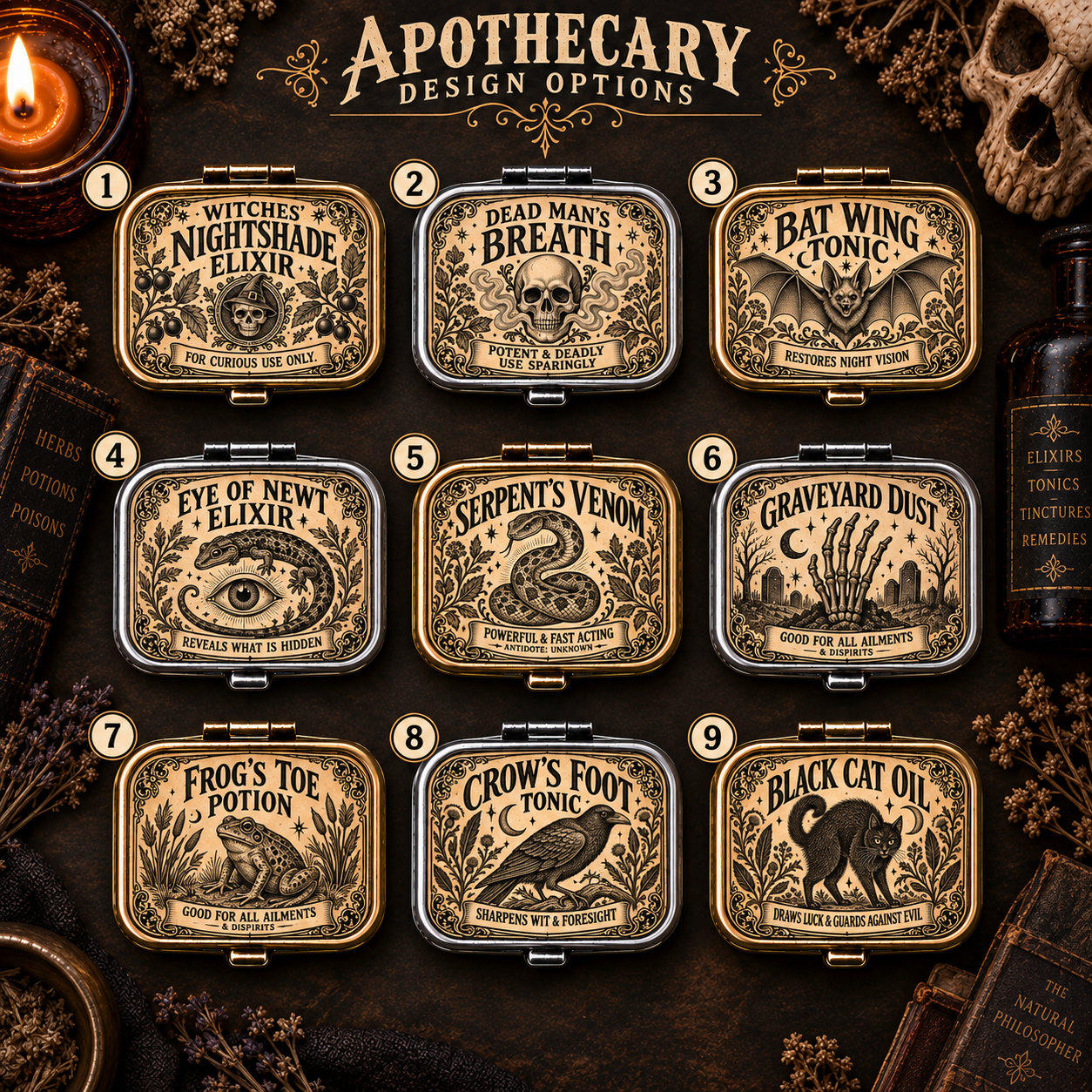 Nine apothecary pill box designs