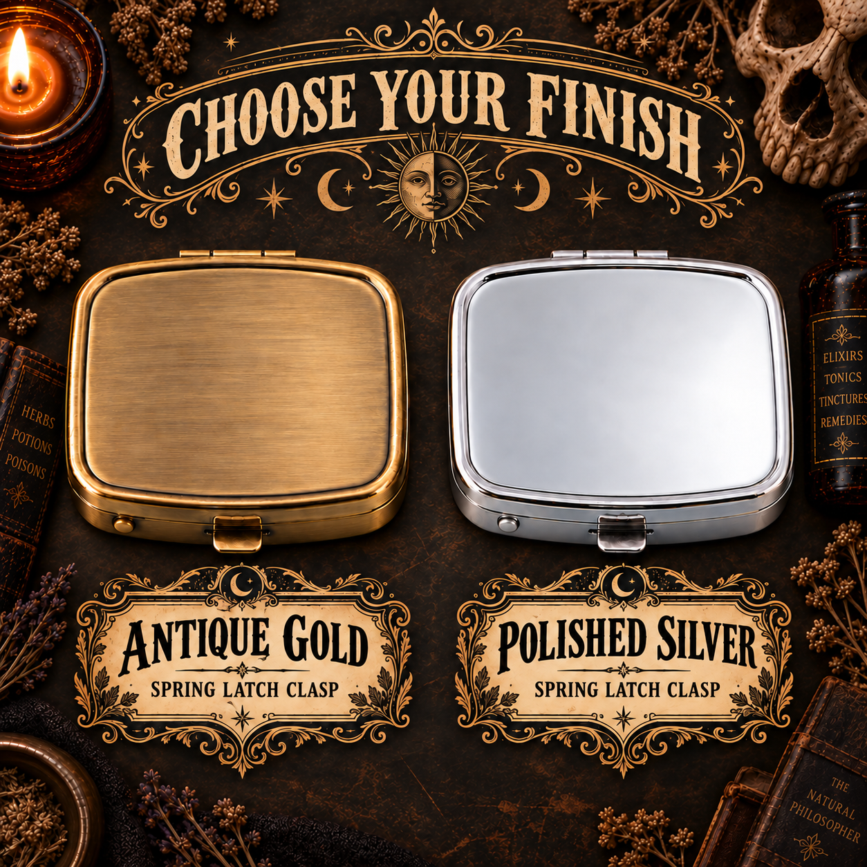 Antique Gold and Polished Silver finish options