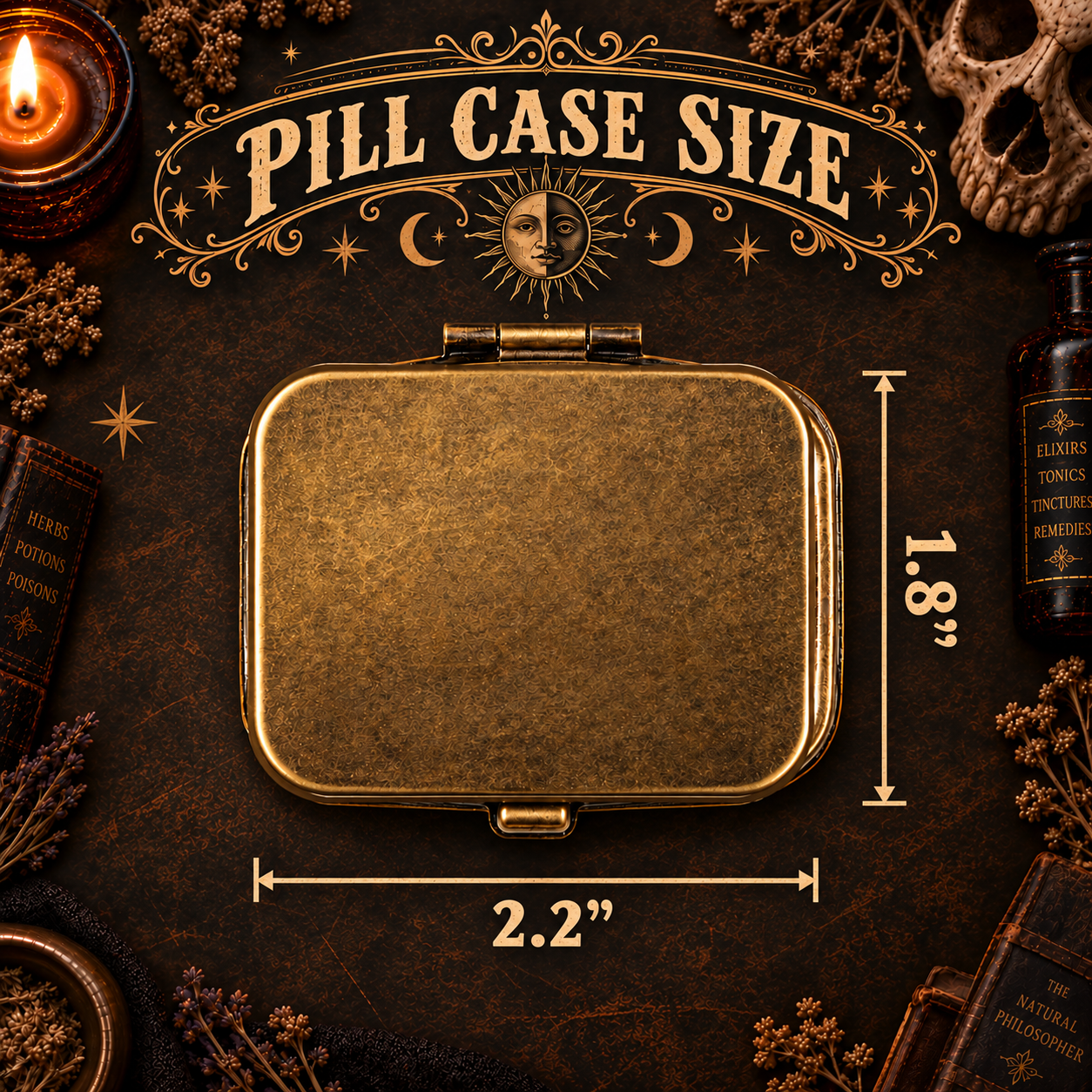 Pill case size 2.2 by 1.8 inches