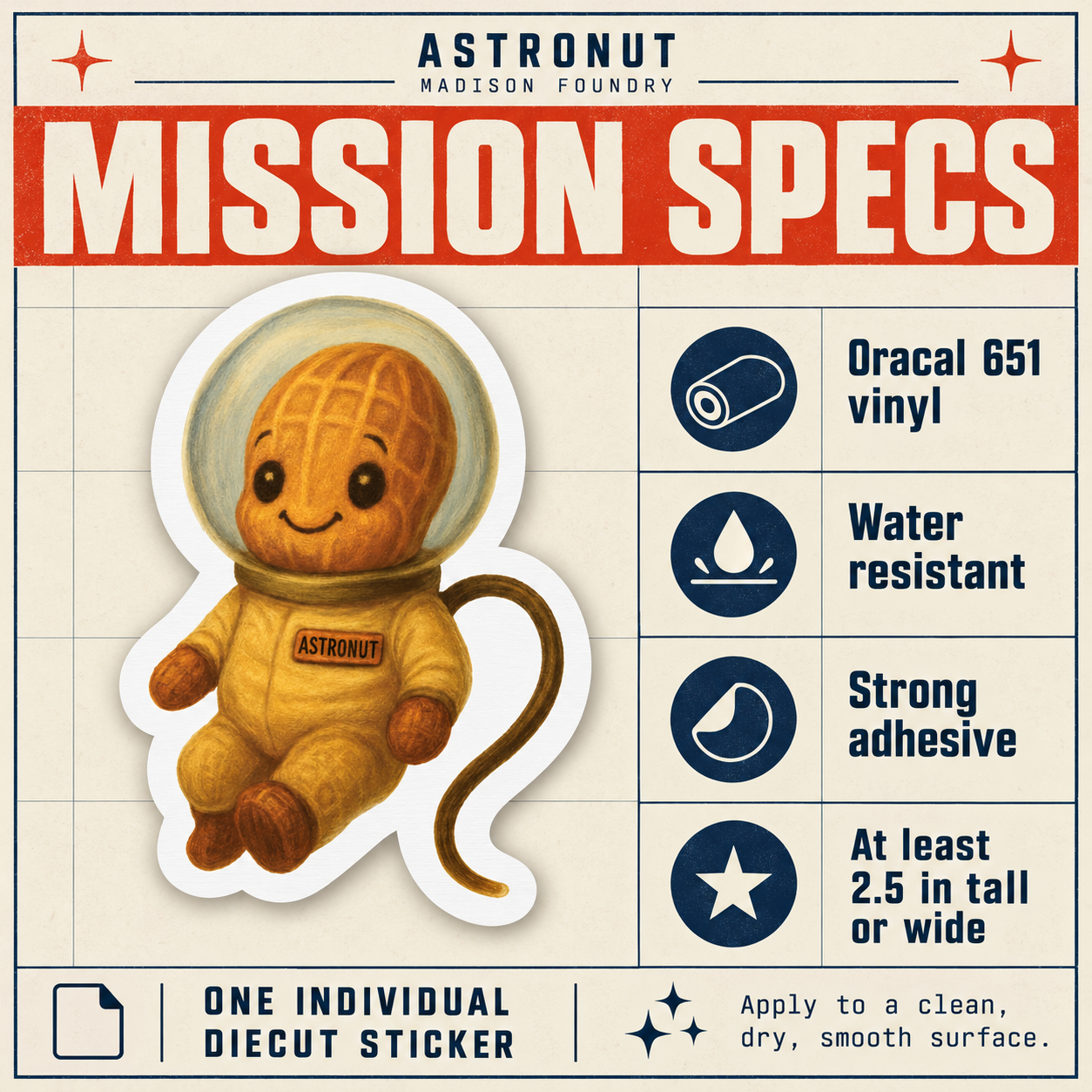 AstroNut vinyl sticker Mission Specs material, adhesive and size details.