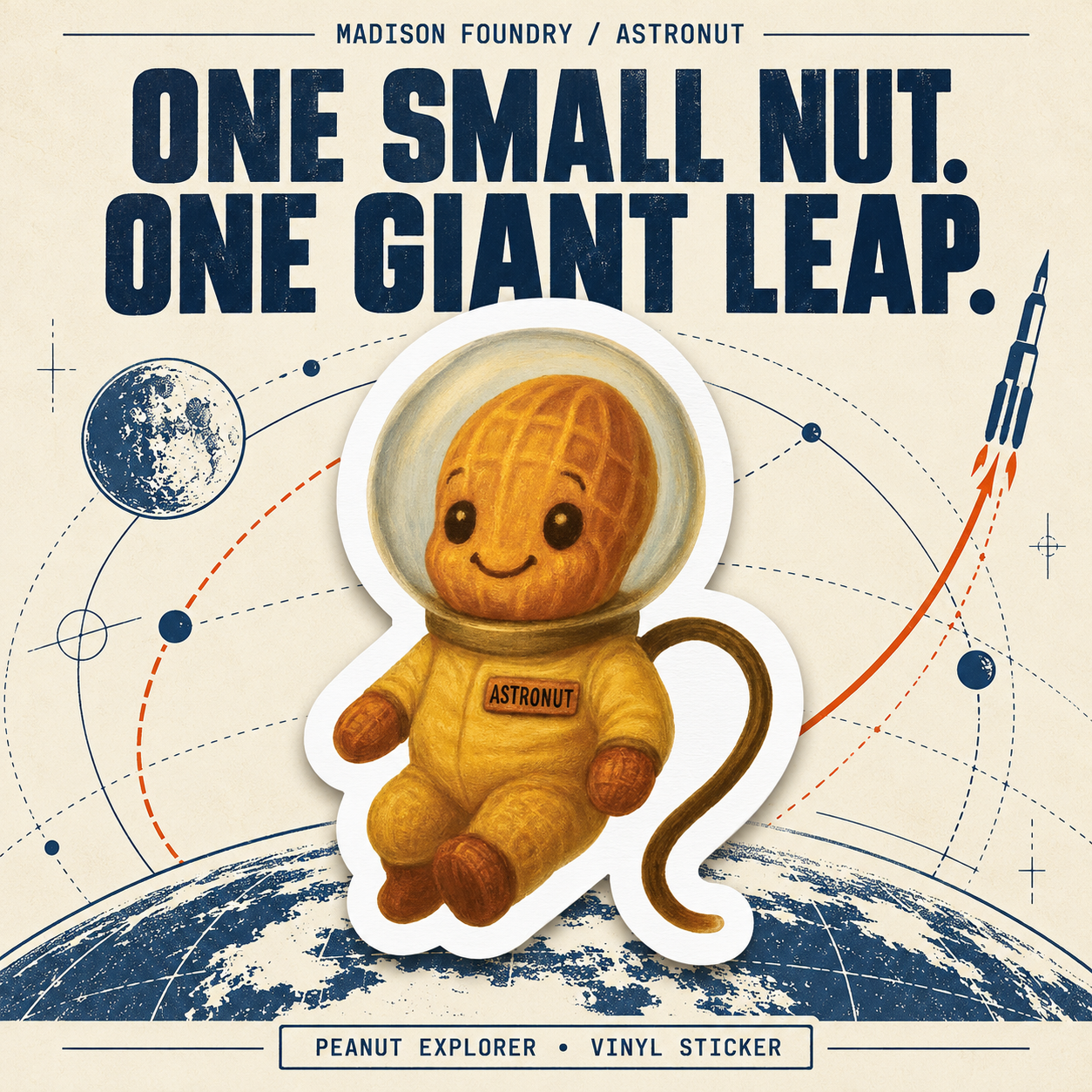 AstroNut peanut astronaut sticker on ivory orbital poster; One Small Nut. One Giant Leap.
