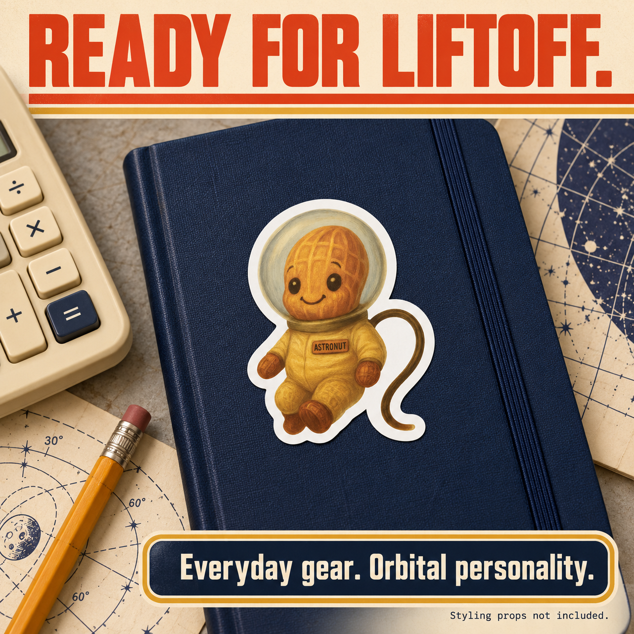 AstroNut sticker styled on a navy field notebook; props not included.