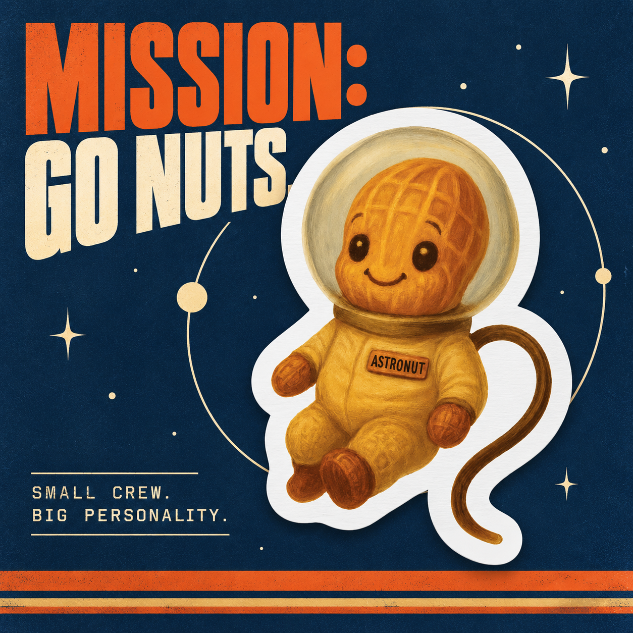 AstroNut sticker with Mission: Go Nuts vintage space-program design.