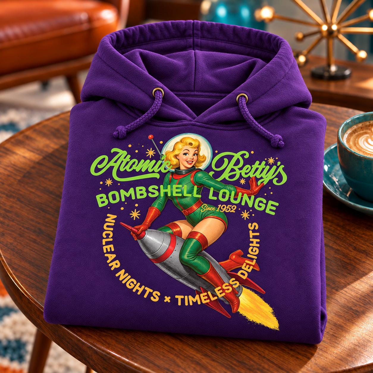 Folded purple Atomic Betty’s Bombshell Lounge Hoodie on walnut table