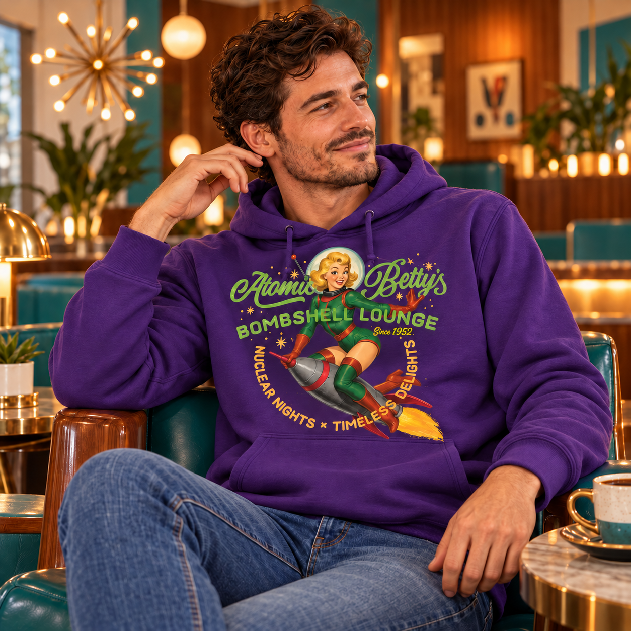 Man wearing purple Atomic Betty’s Bombshell Lounge Hoodie in retro lounge