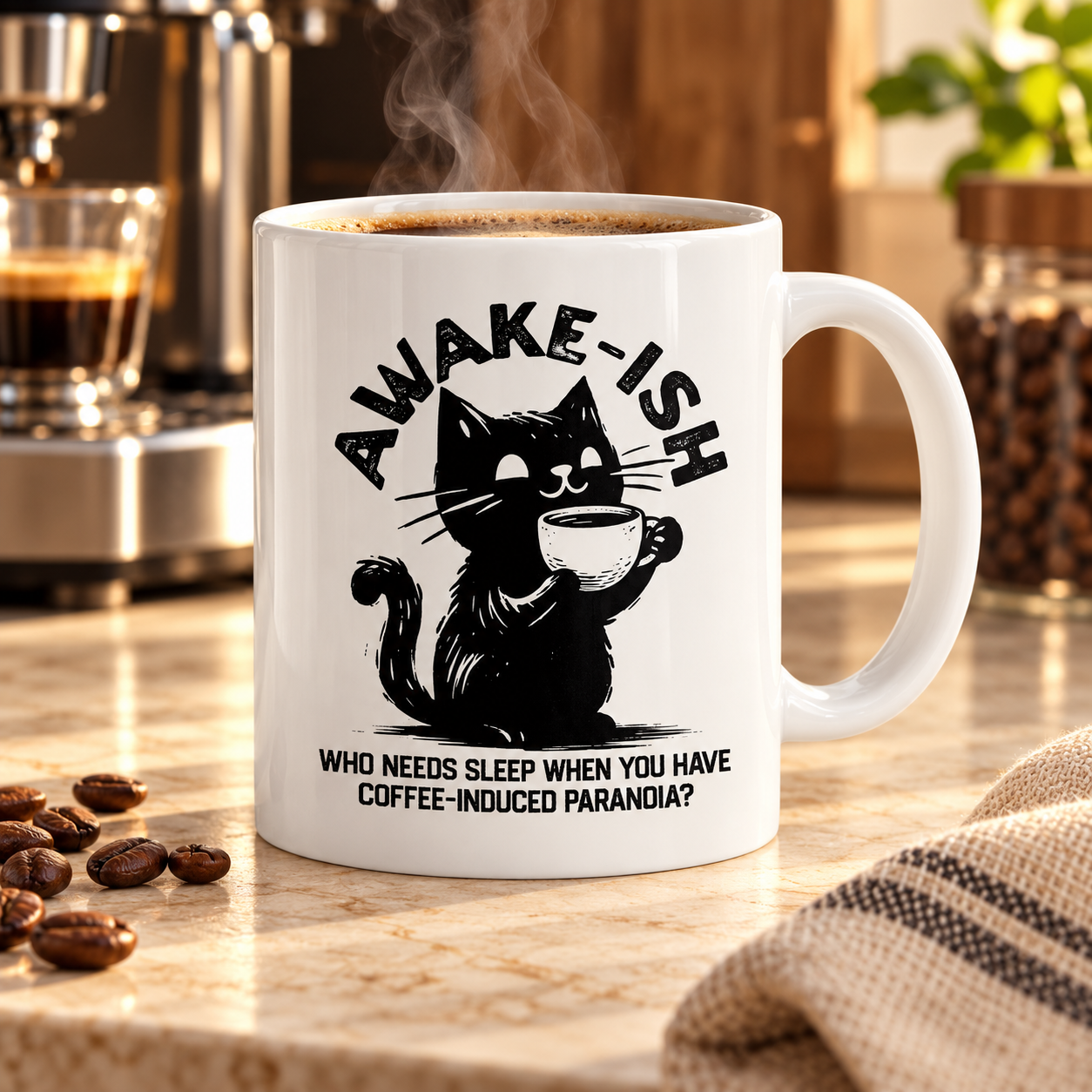 Awake-ish black cat mug beside a coffee maker