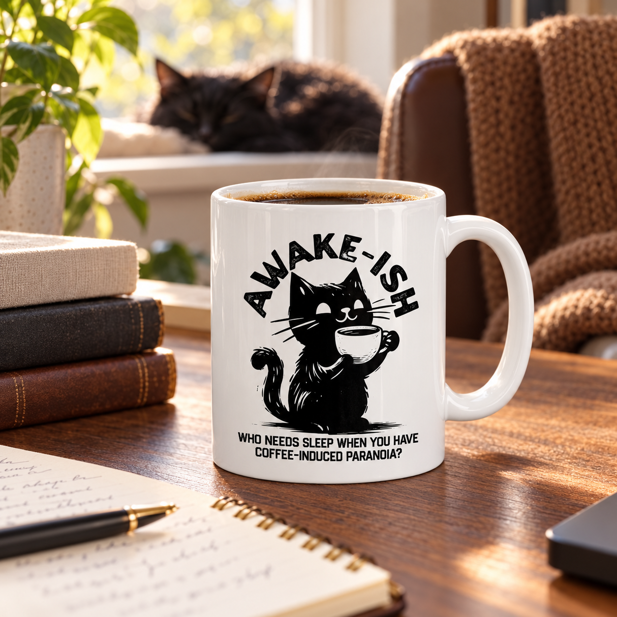 Awake-ish mug on a cozy desk with a sleeping black cat