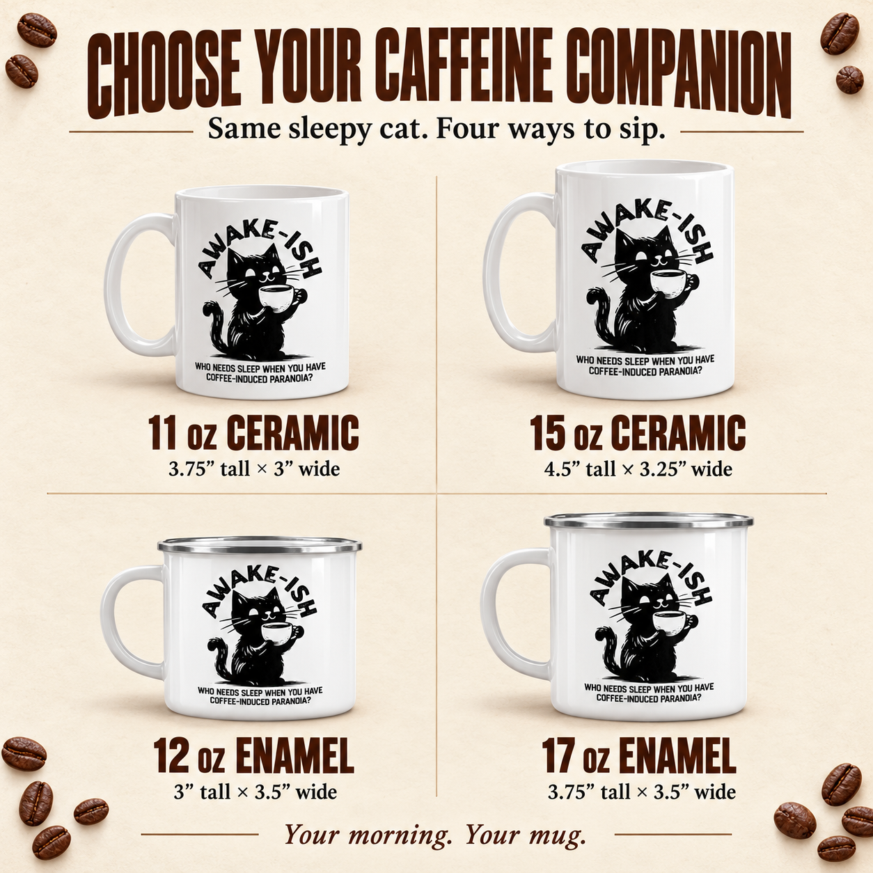 Awake-ish ceramic and enamel mug sizes with dimensions