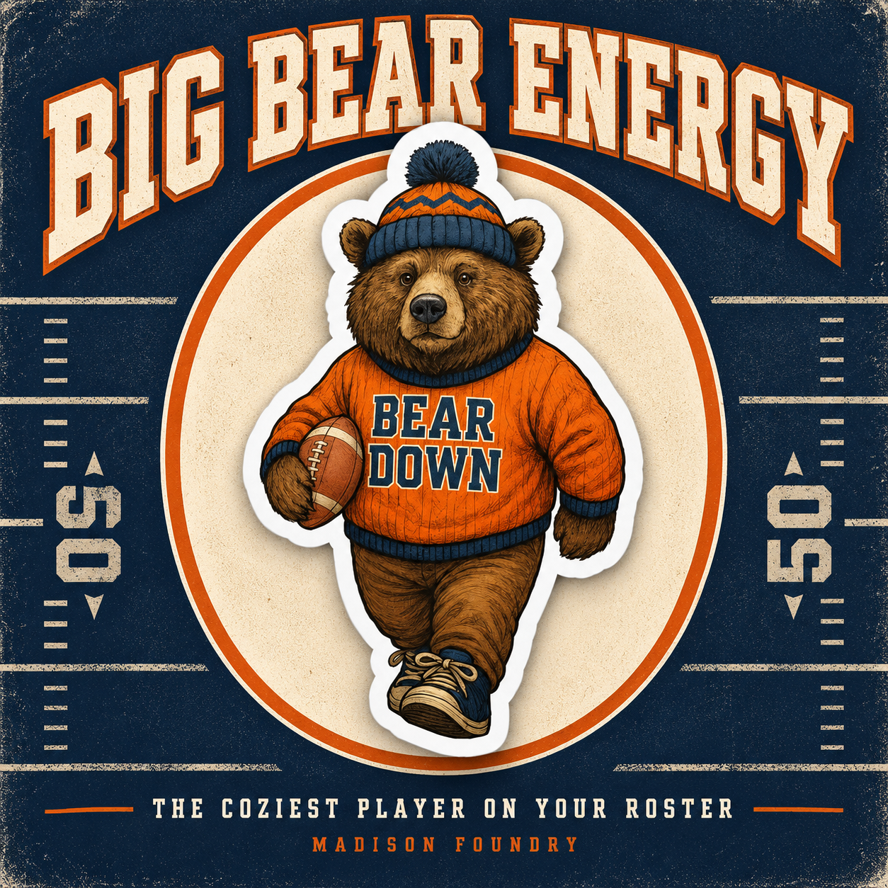Bear Down football bear sticker in a navy, orange and cream Big Bear Energy varsity design spotlight.