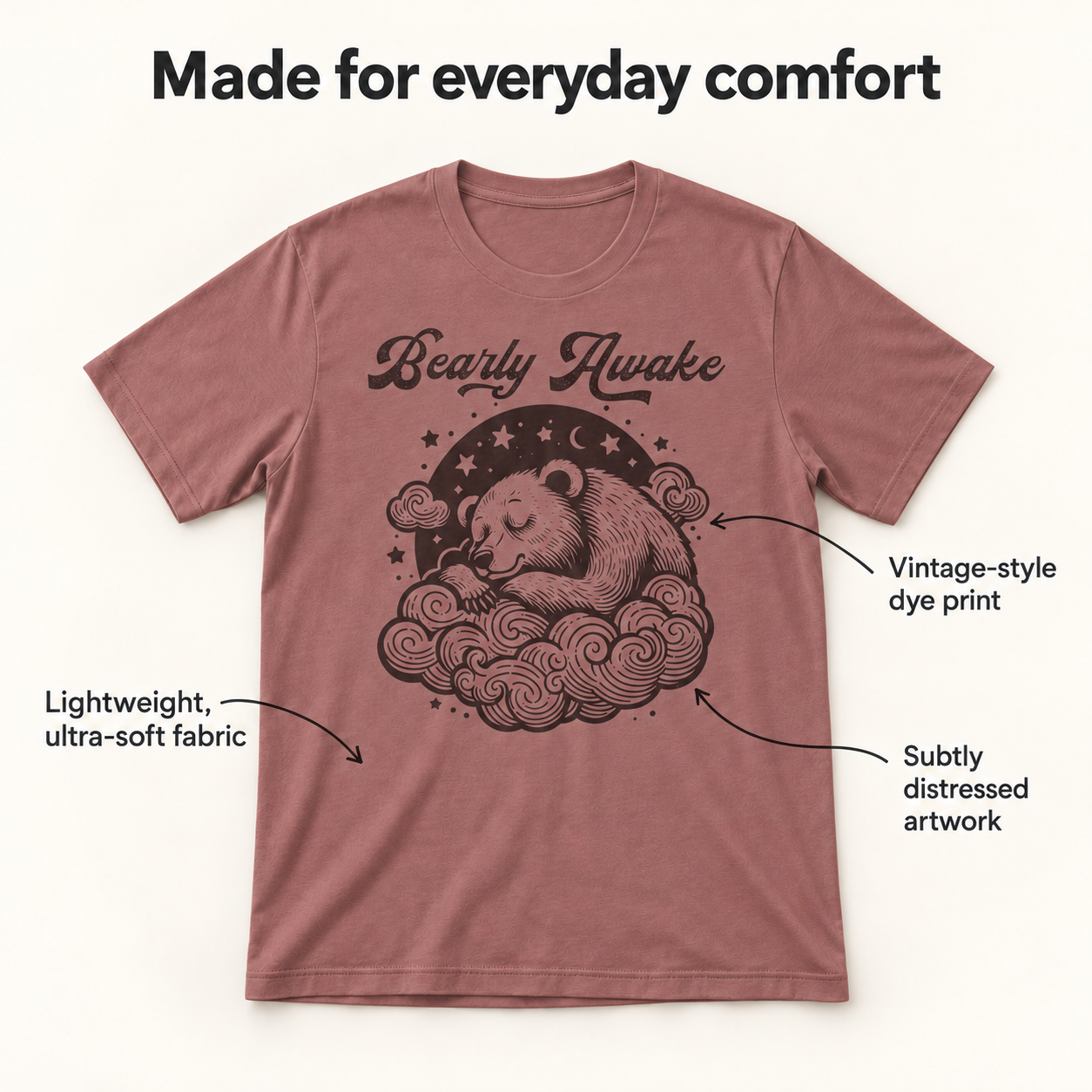 Bearly Awake tri-blend tee comfort and print details