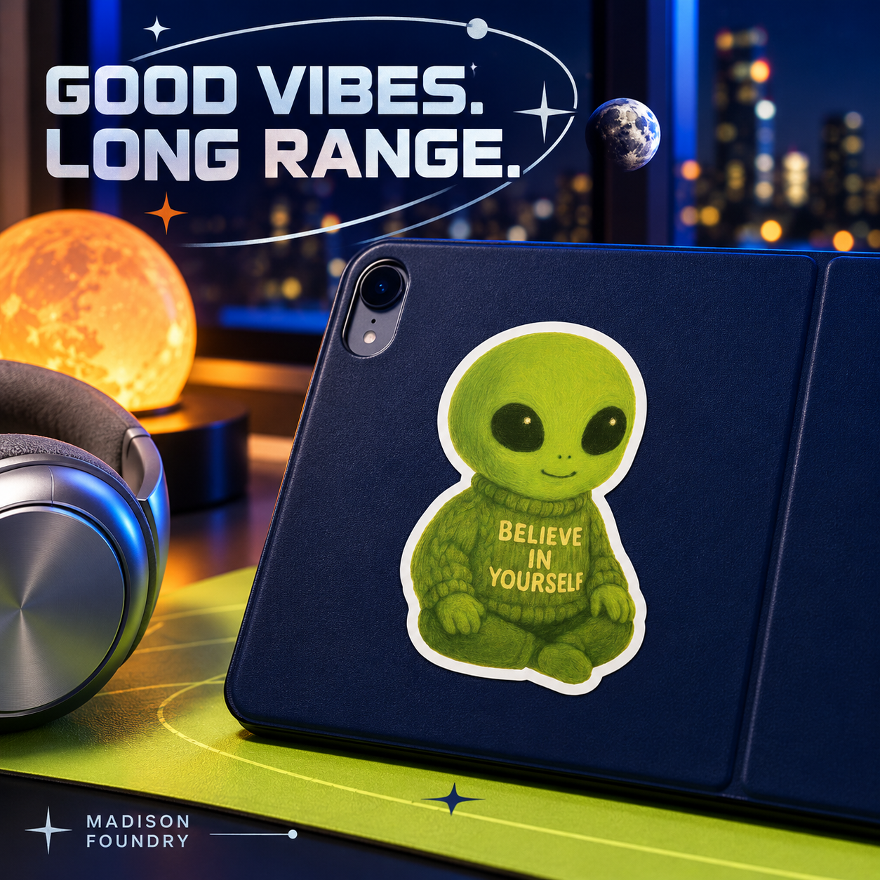 Green alien sticker on navy tablet