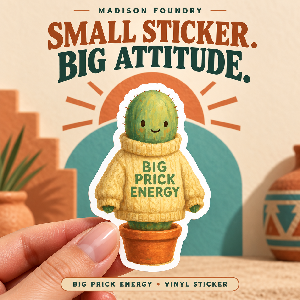 Hand-held Big Prick Energy cactus vinyl sticker in a cream sweater and terracotta pot, with turquoise and sandy desert styling.