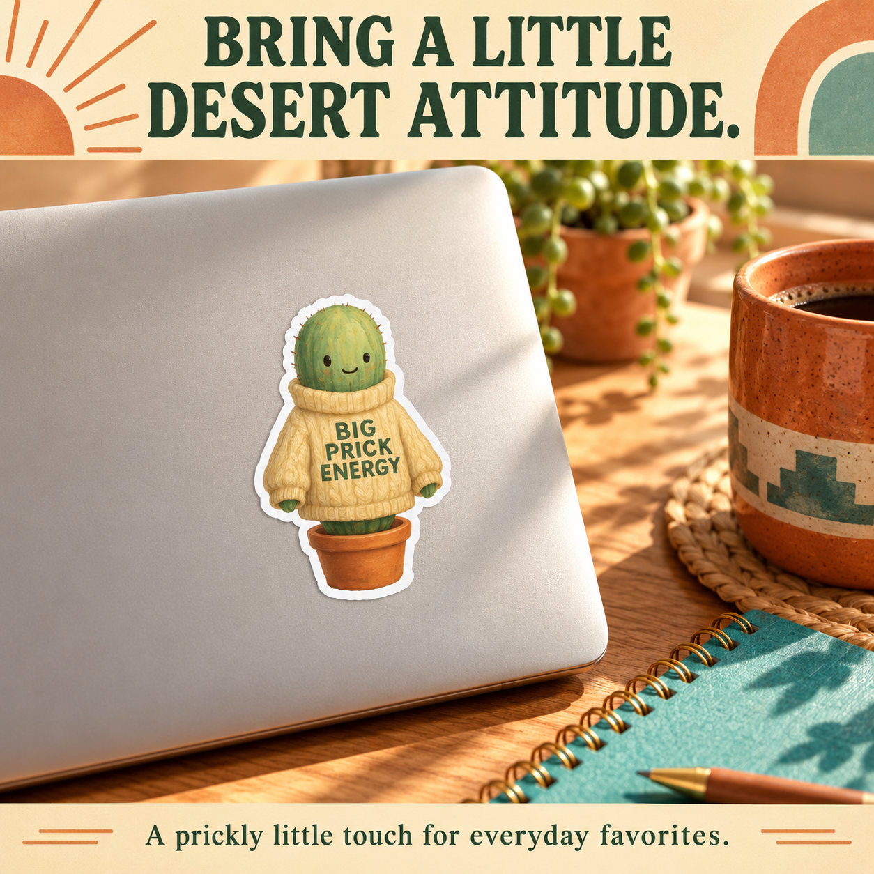 Big Prick Energy cactus vinyl sticker on a silver laptop beside a terracotta coffee mug, plant and turquoise notebook.