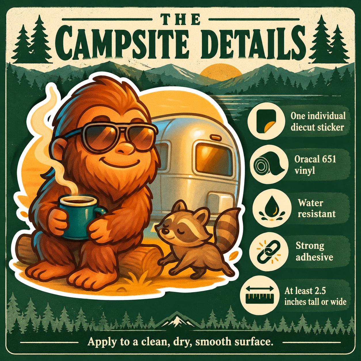 Bigfoot camping sticker material and size details