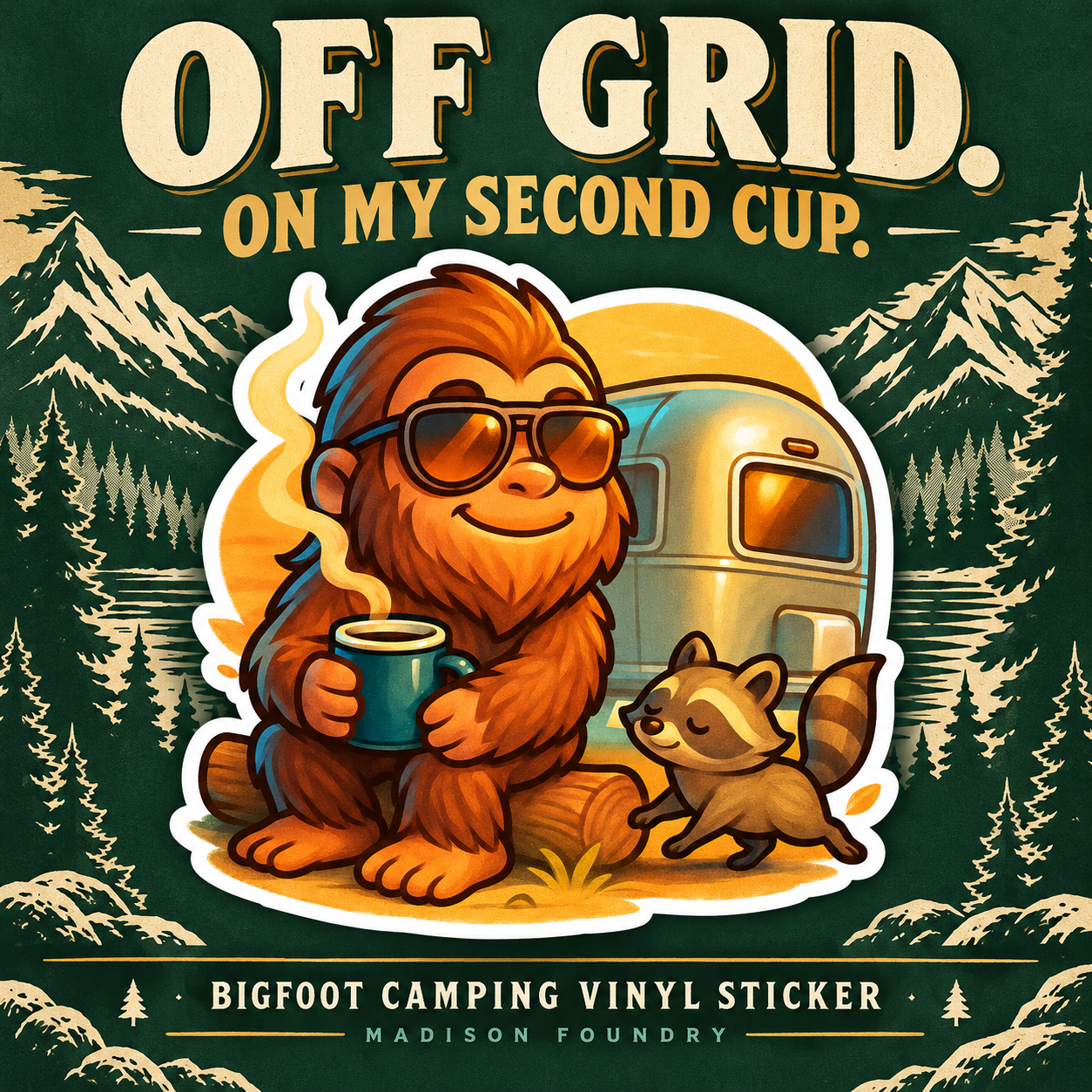 Off Grid Bigfoot camping coffee sticker