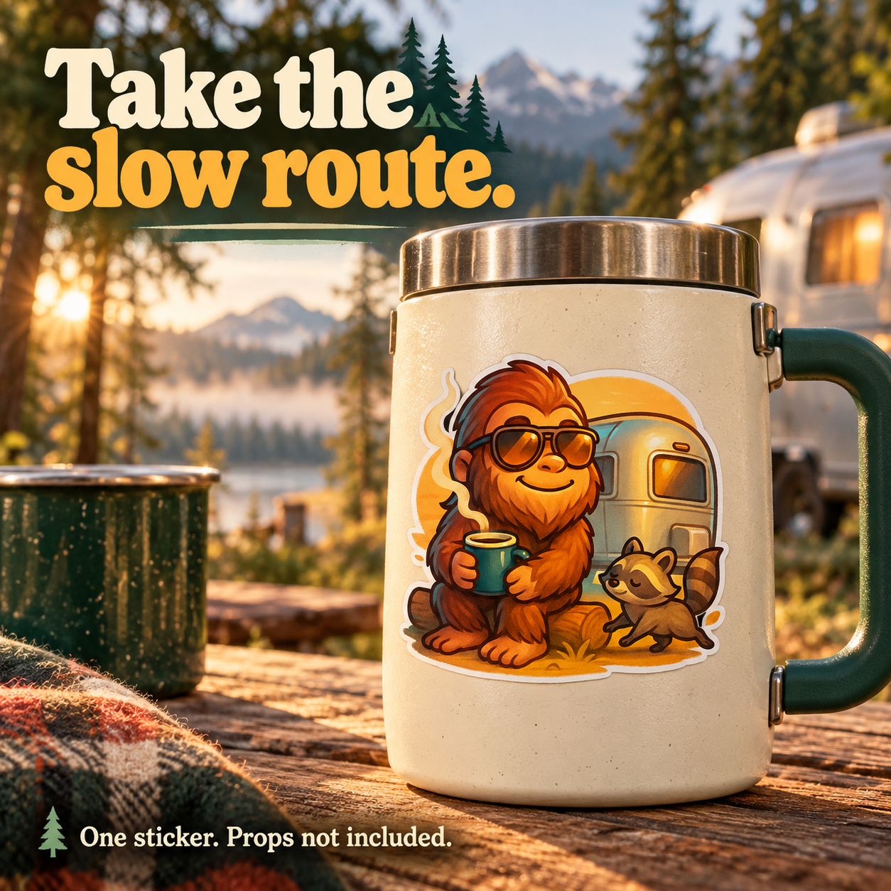 Bigfoot camper and raccoon sticker on camping thermos; props excluded