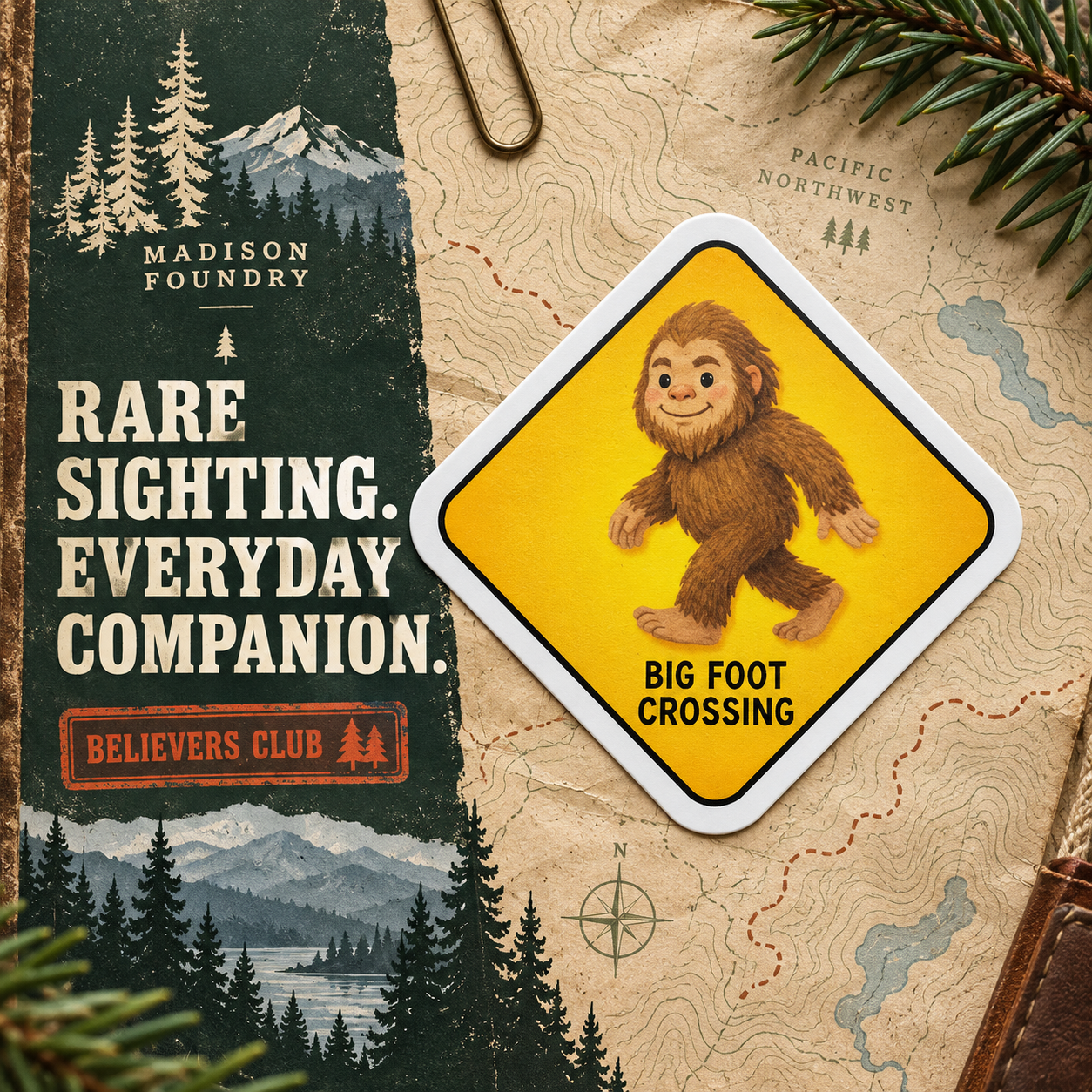 Bigfoot sticker on vintage trail map