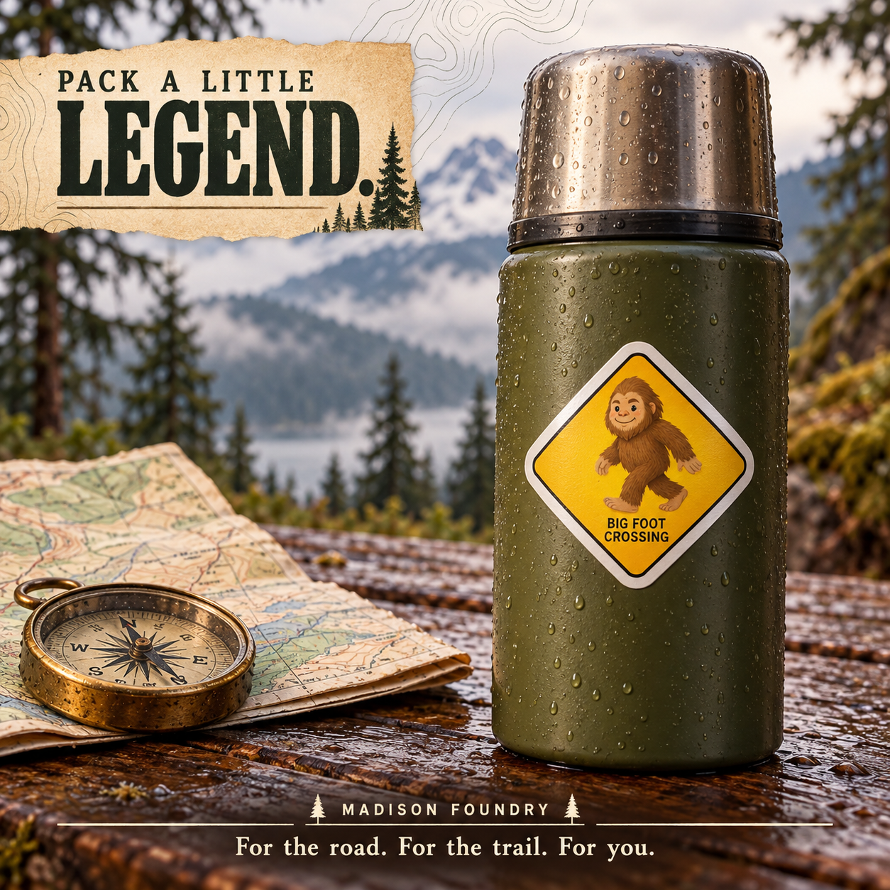 Bigfoot sticker on thermos at misty trailhead