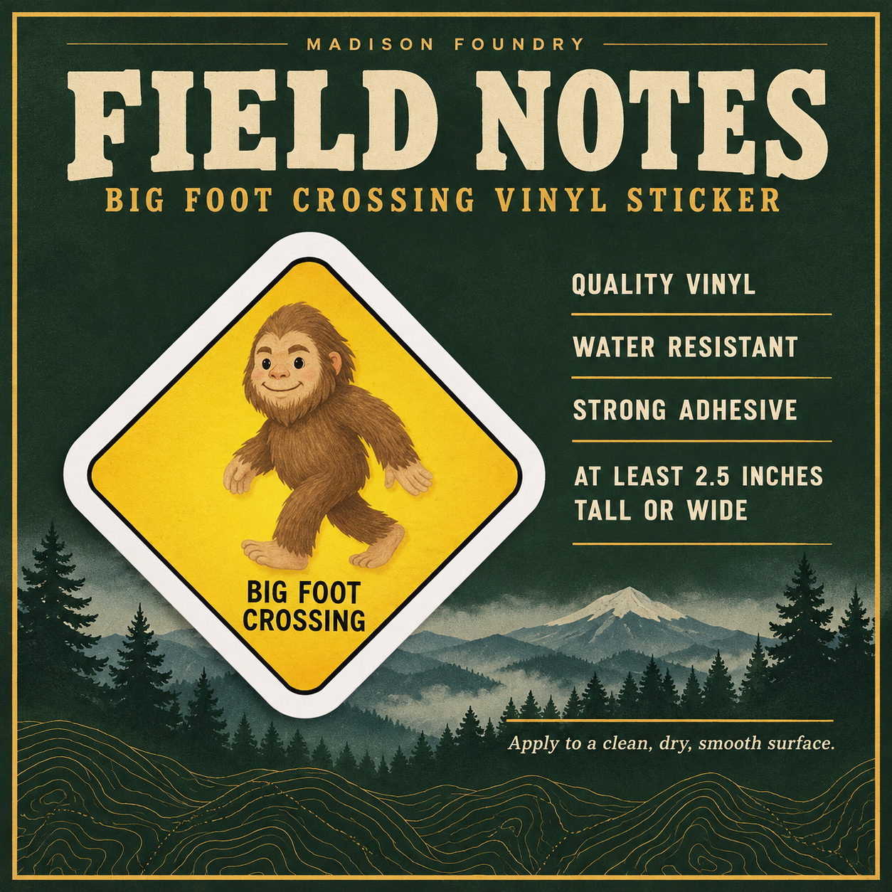 Bigfoot vinyl sticker field notes and specifications
