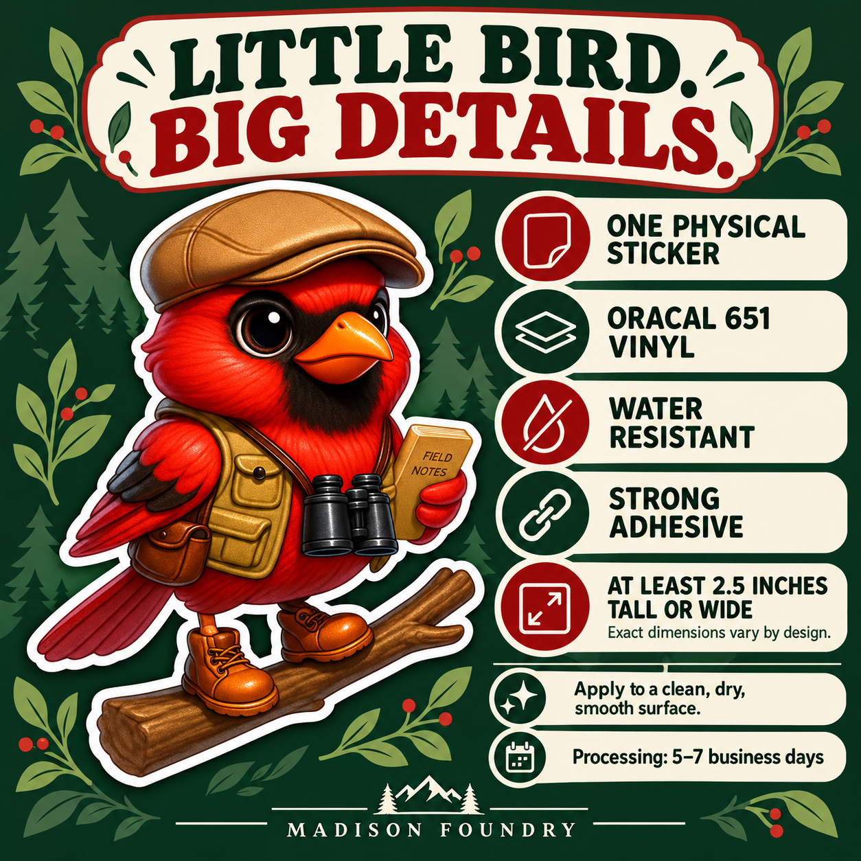 Cardinal Birdwatcher vinyl sticker details listing image