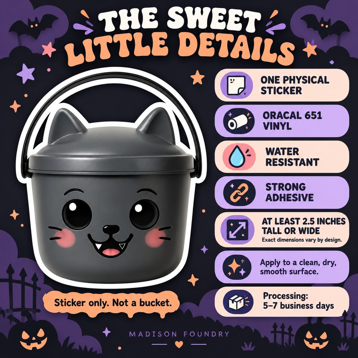 Black Cat Boo Bucket vinyl sticker details listing slide