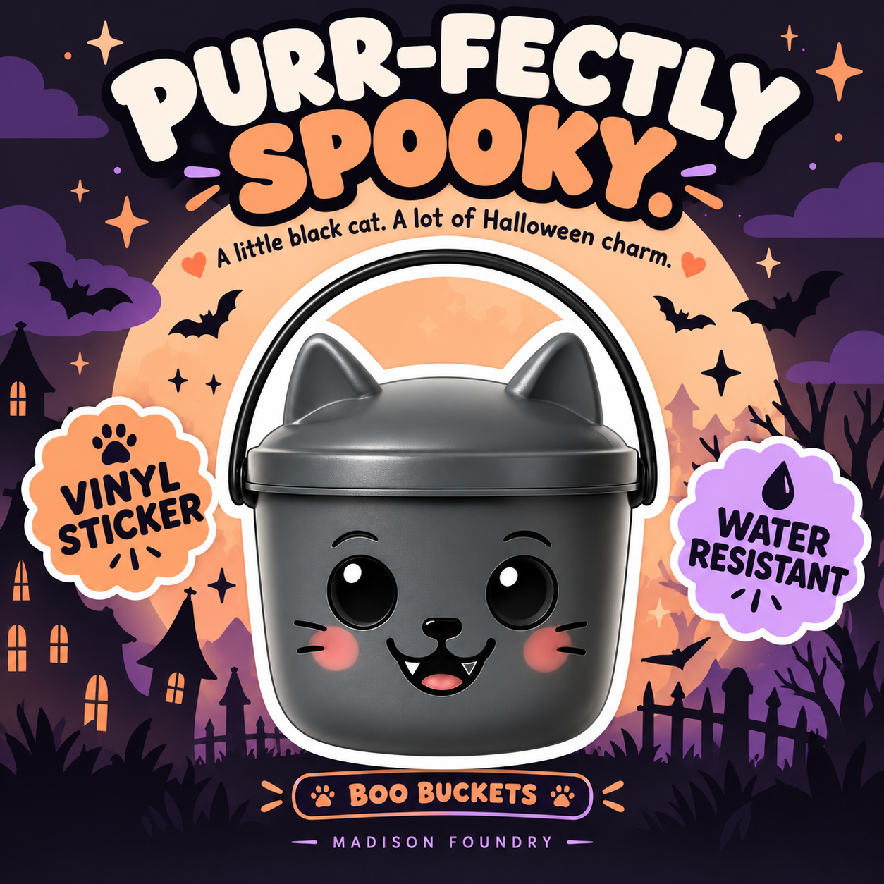 Black Cat Boo Bucket vinyl sticker hero listing slide