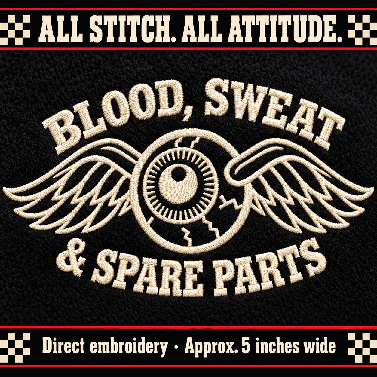 Macro close-up of Blood Sweat and Spare Parts embroidery