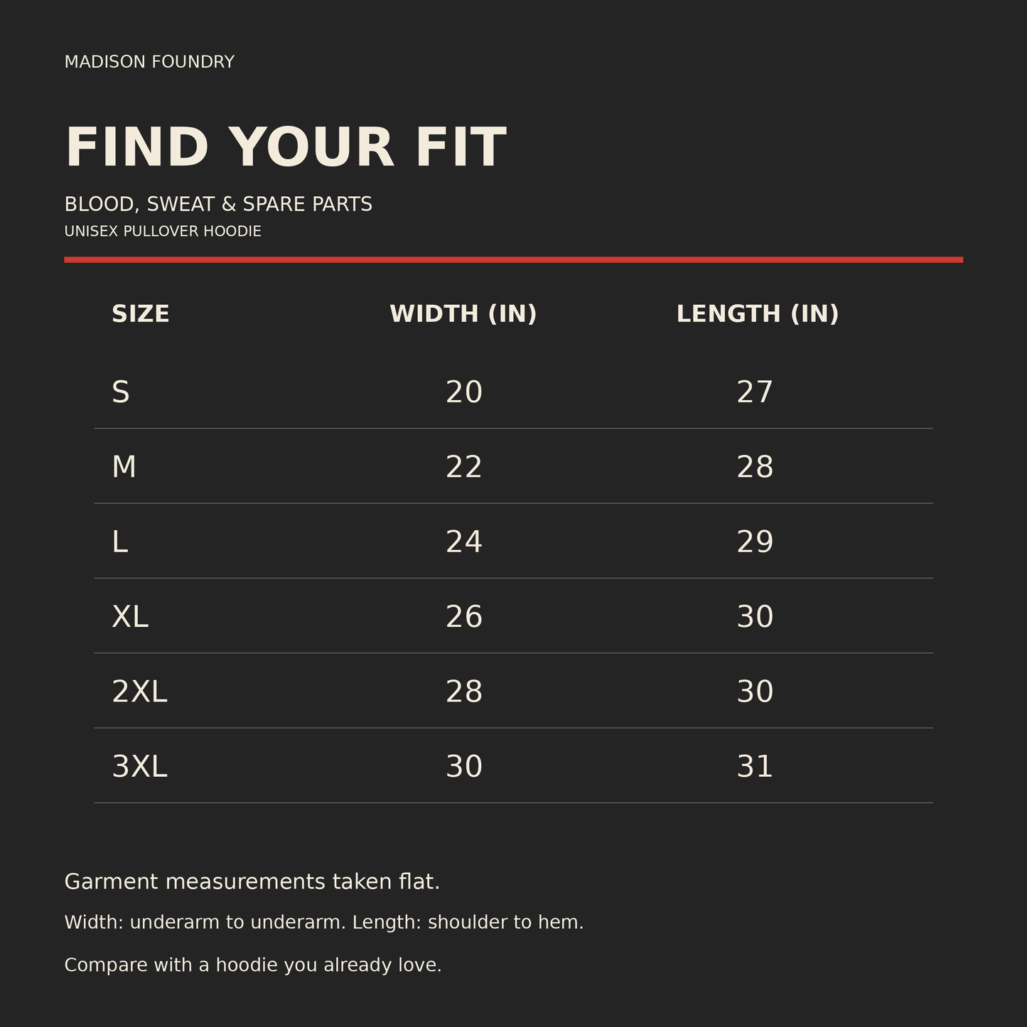 Blood Sweat and Spare Parts unisex hoodie size chart S through 3XL