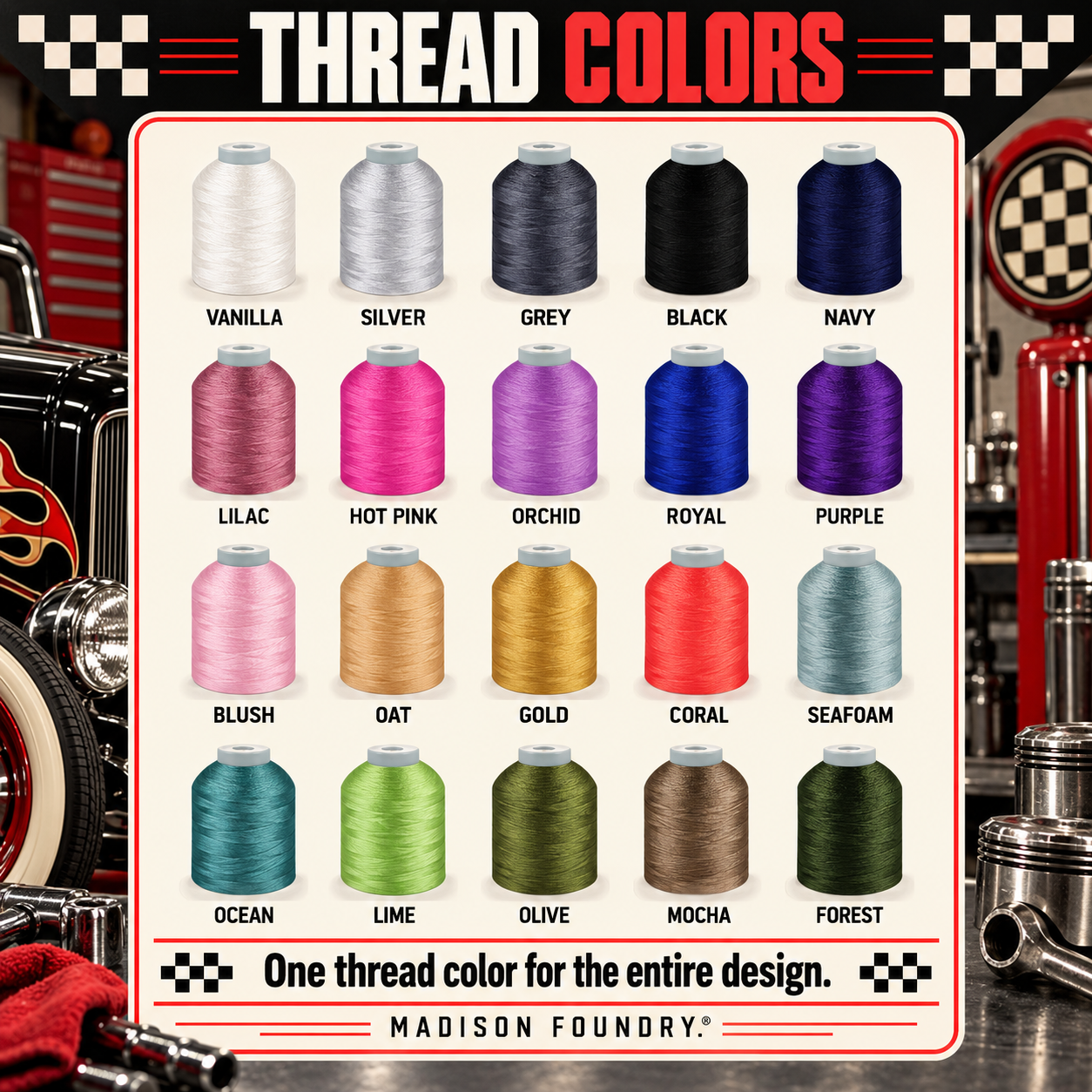 Twenty embroidery thread colors with hot rod garage styling