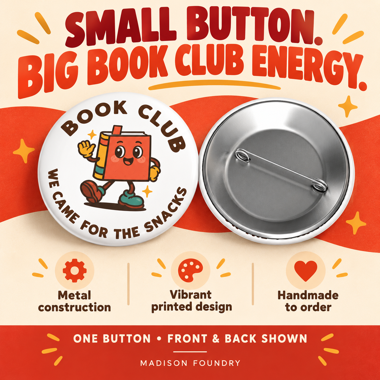 Book Club button front and metal pin back with product details