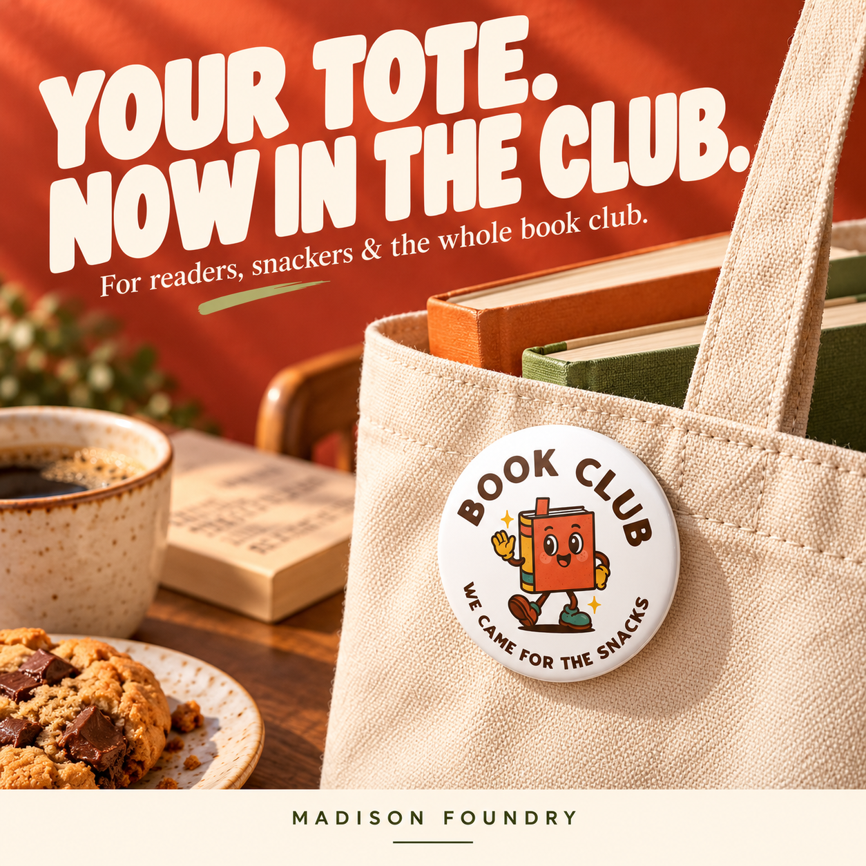 Book Club pin-back button on a canvas book tote