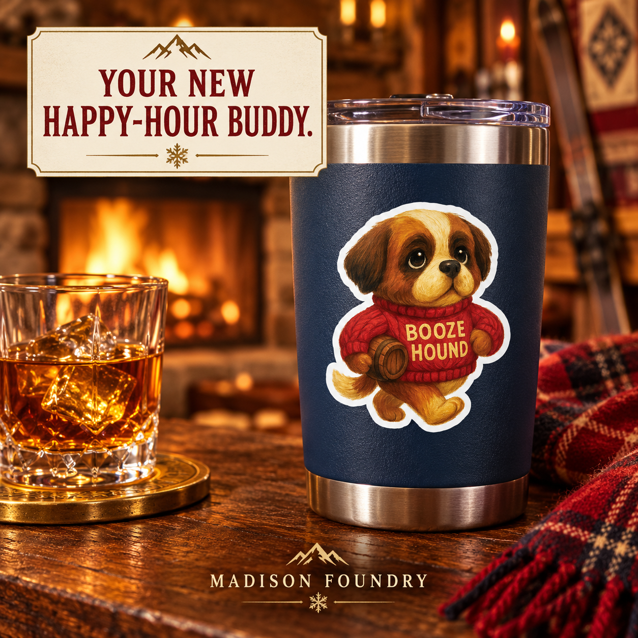 Booze Hound sticker on navy tumbler in lodge