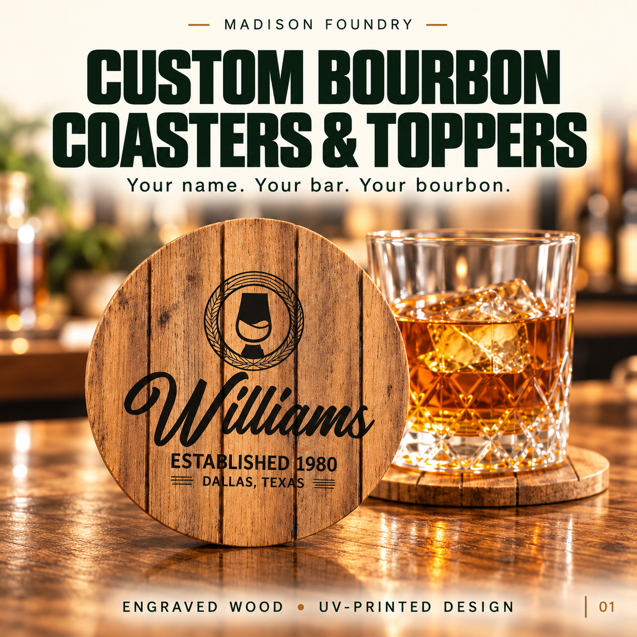 Personalized bourbon barrel coasters