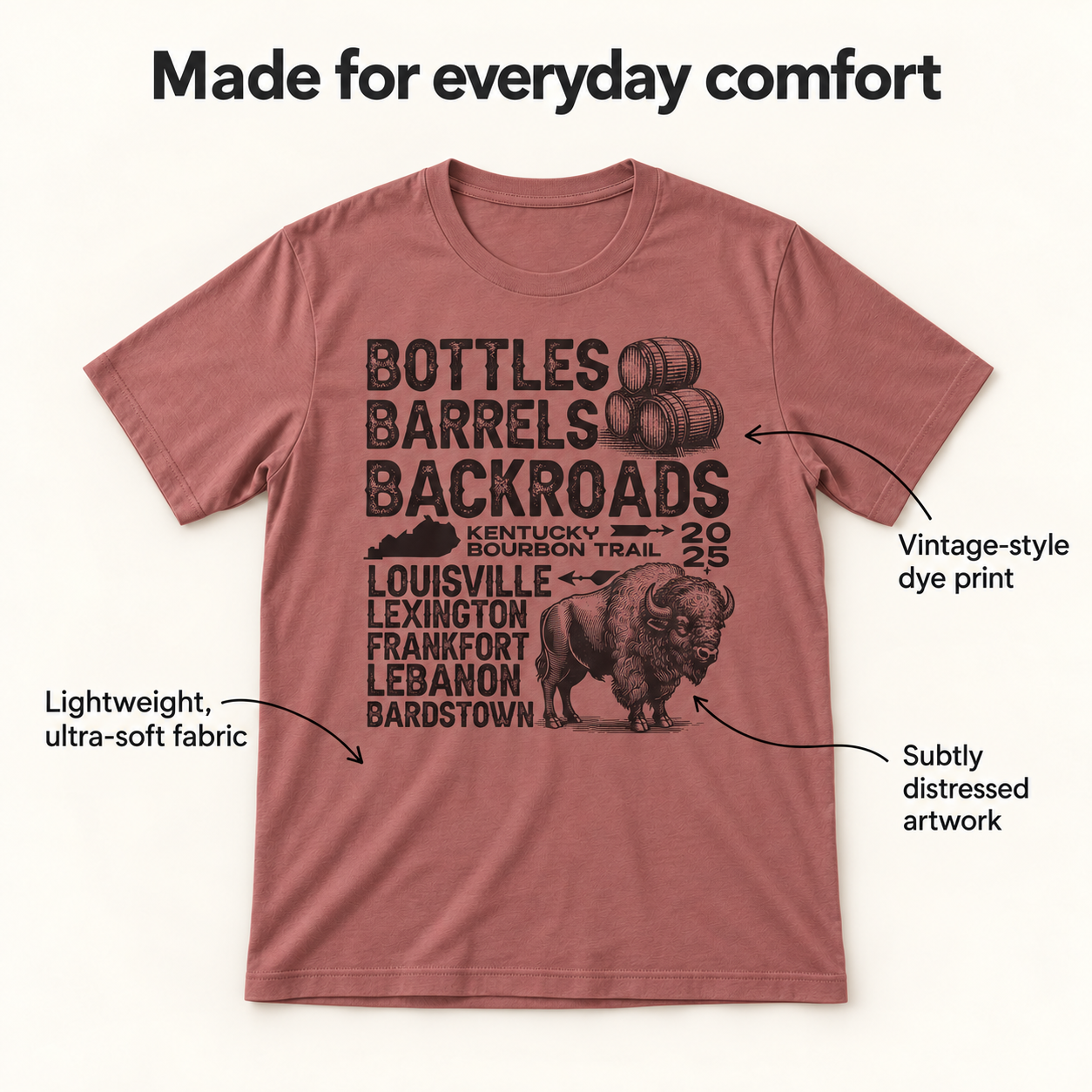 Bourbon Trail  "Bottles, Barrels and Backroads" tri-blend tee details