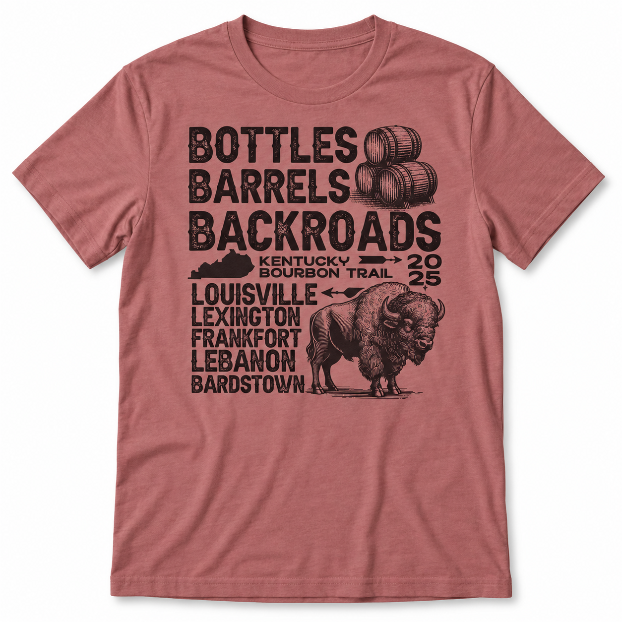 Bourbon Trail  "Bottles, Barrels and Backroads" tri-blend tee main