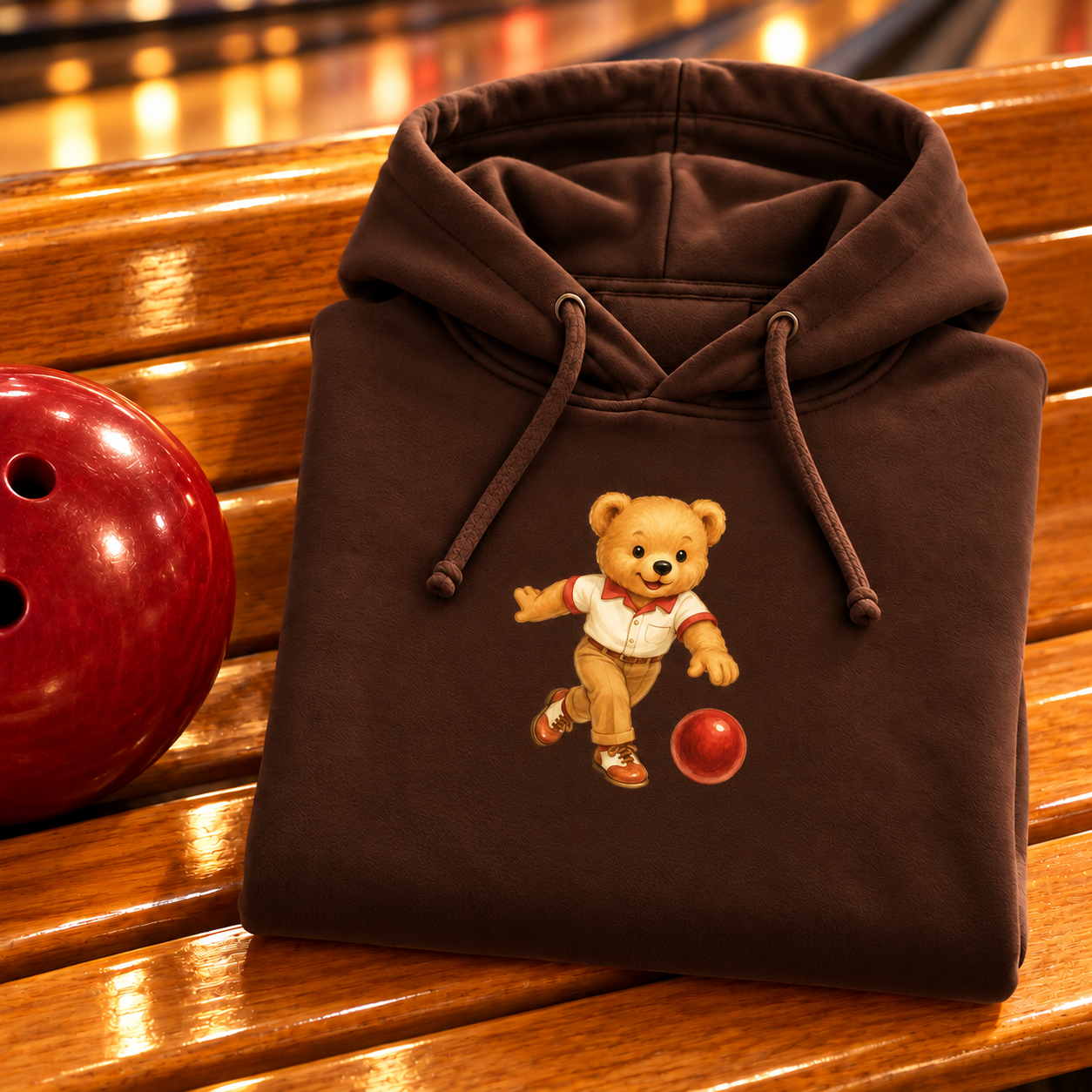Folded chocolate Bowling Bear Hoodie beside red bowling ball
